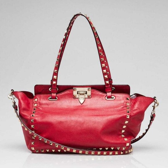 Valentino Red Leather Rockstud Trapeze Small Tote Bag - Picture 2 of 11